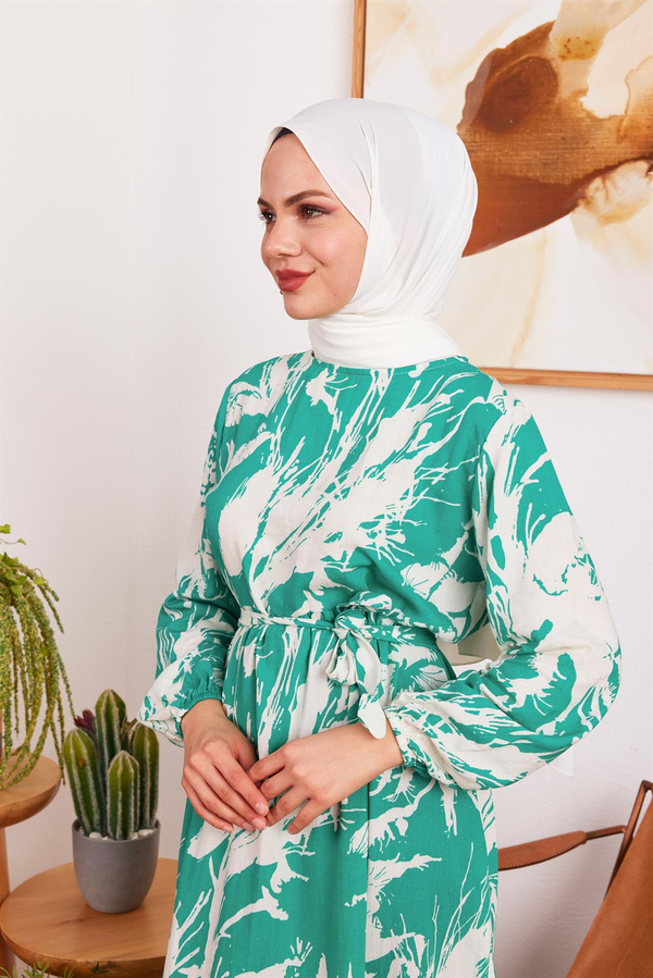 Fırça Desen Elbise - Yeşil