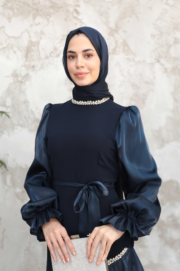 Fırfır Detay Organze Taş İşleme Abiye - Lacivert