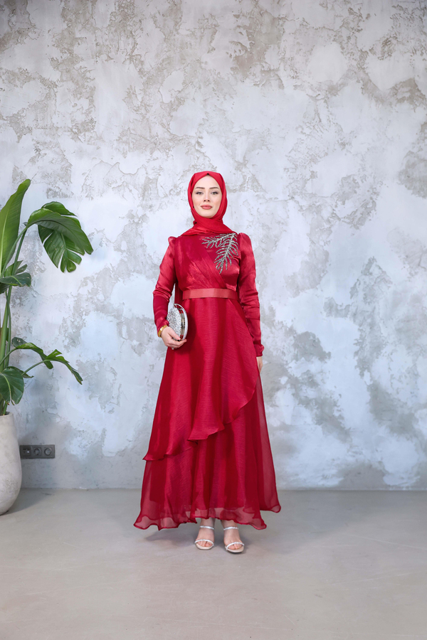 Hazen Önü Desenli Katlı Abiye - Bordo