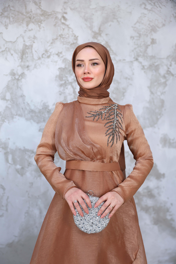 Hazen Önü Desenli Katlı Abiye - Somon