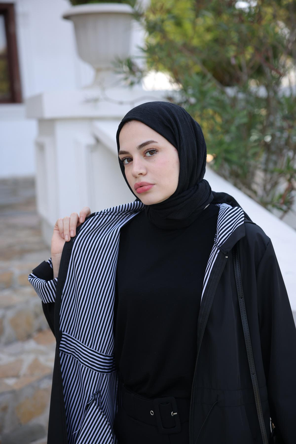 Kapşonlu Paraşüt Kumaş Trençkot - Siyah