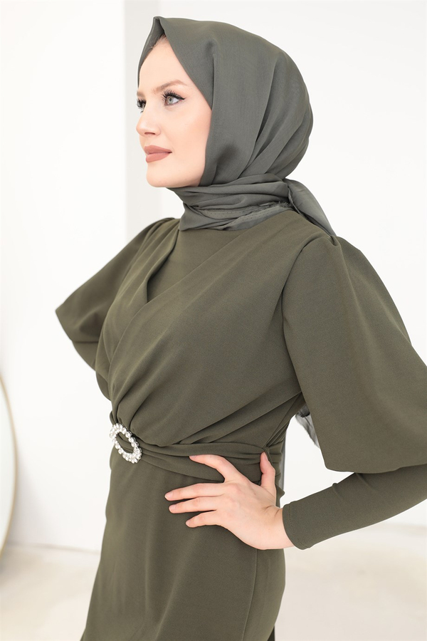 Dress with a Stone Belt - Khaki