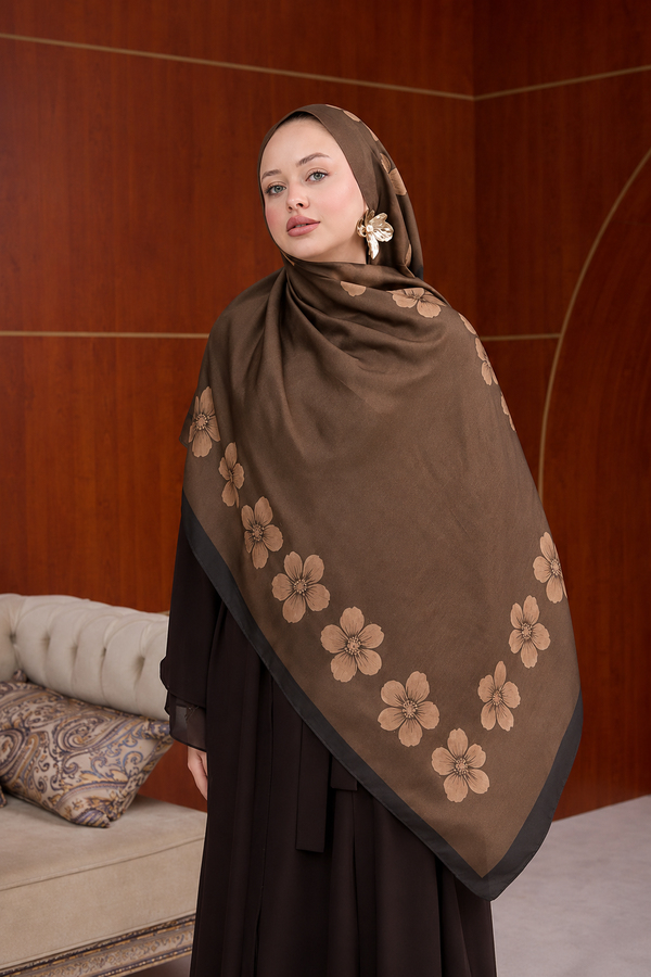 Larissa Çiçek Tasarım Şal ( 70 x 190 ) cm - Acı Kahve