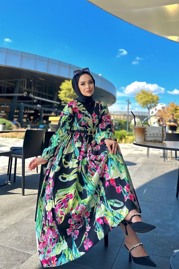 Melis Desenli Elbise - Siyah