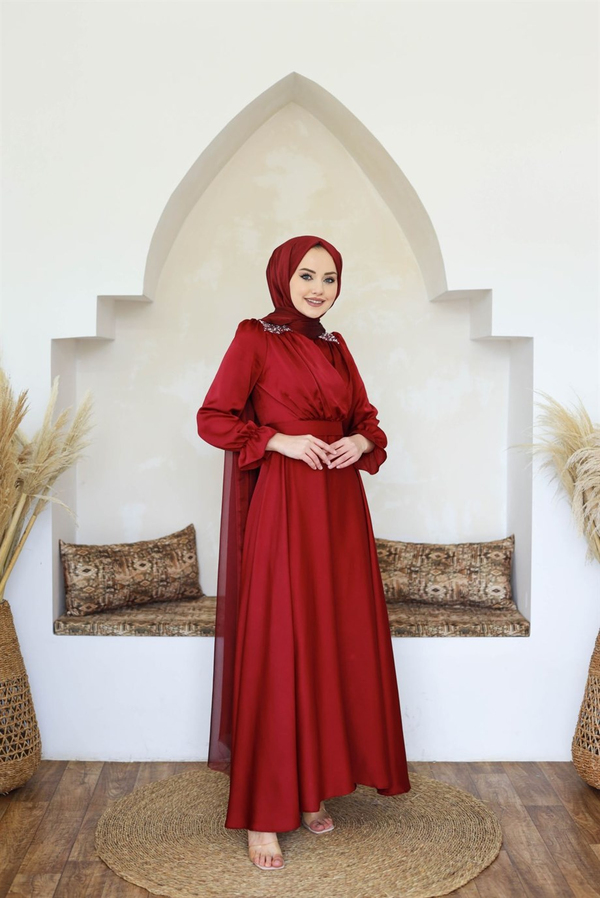 Nergis Kobe Kumaş Abiye - Bordo