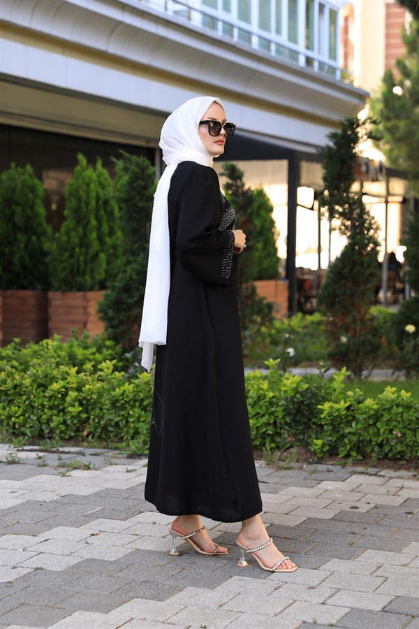 Omuz Bel Taşlı Abaya - Siyah