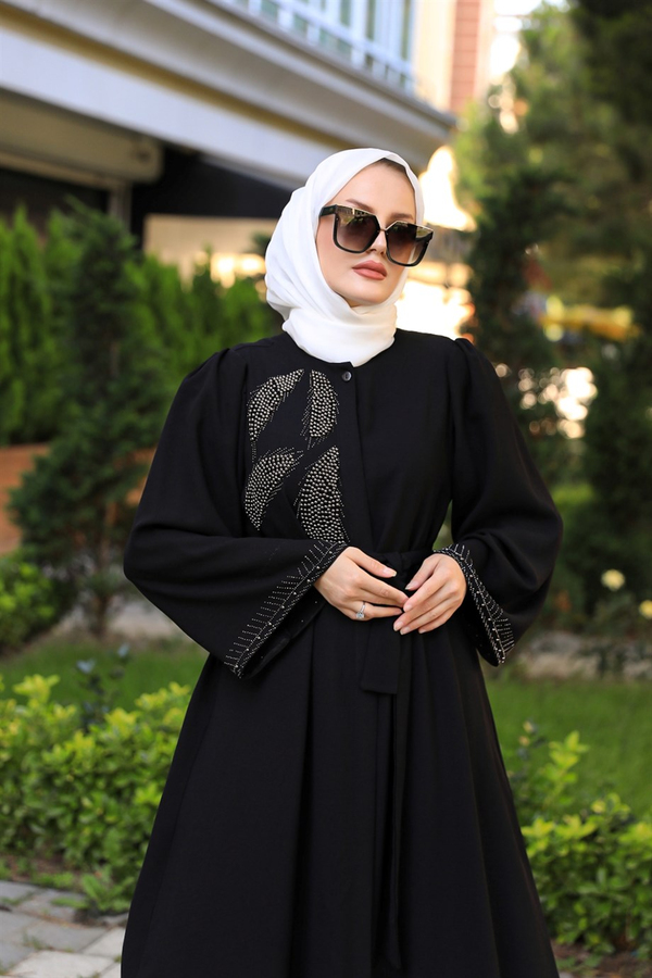 Omuz Bel Taşlı Abaya - Siyah