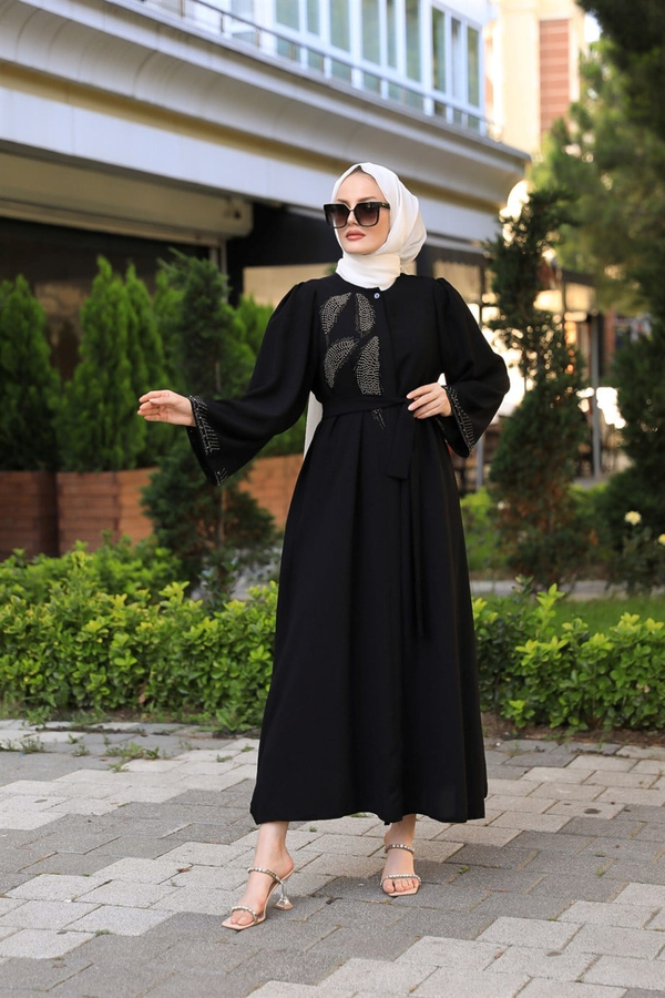 Omuz Bel Taşlı Abaya - Siyah