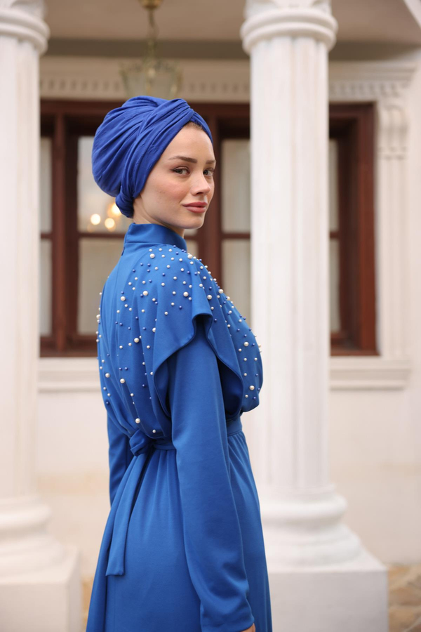 Omuz Taş Detaylı Krep Abiye - Saks Mavi