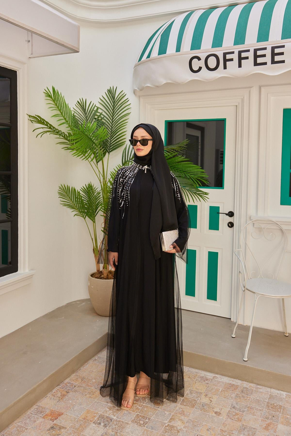 Omzu Taş Süslemeli Abaya - Siyah