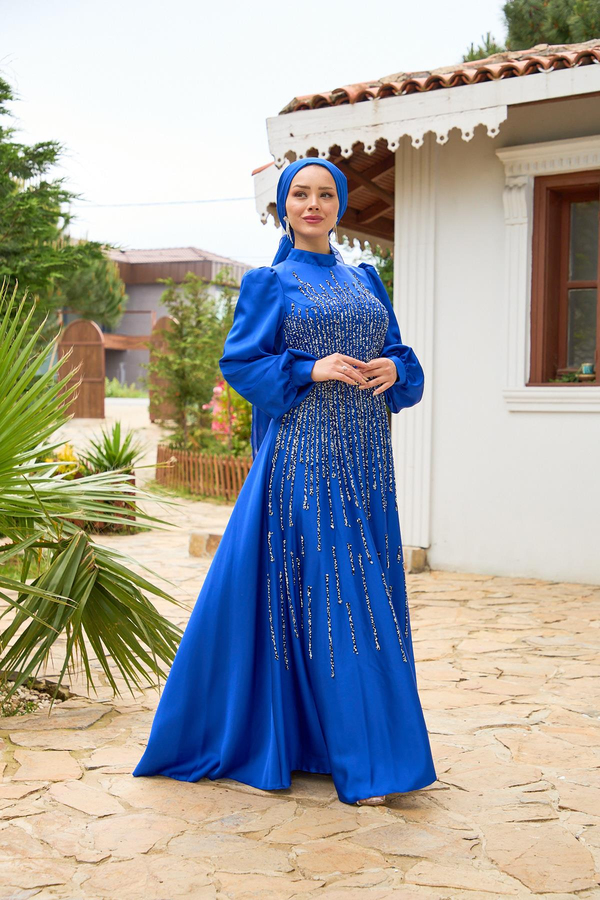 Önü Düz Çizgi Taşlı Elbise - Saks Mavi