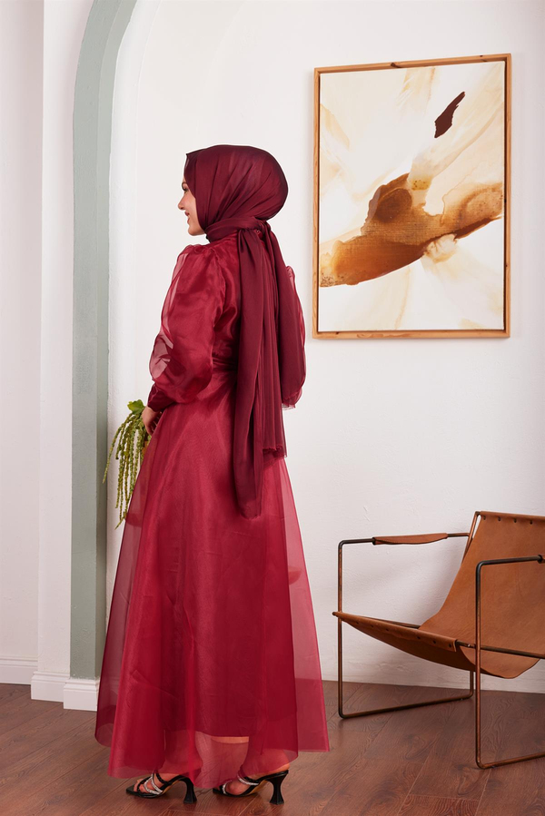 Organze Balon Kol Elbise - Bordo