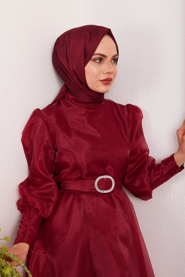 Organze Balon Kol Elbise - Bordo
