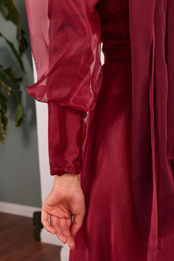Organze Balon Kol Elbise - Bordo
