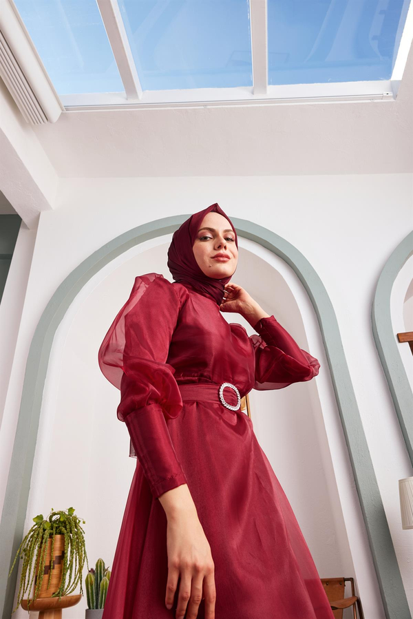 Organze Balon Kol Elbise - Bordo