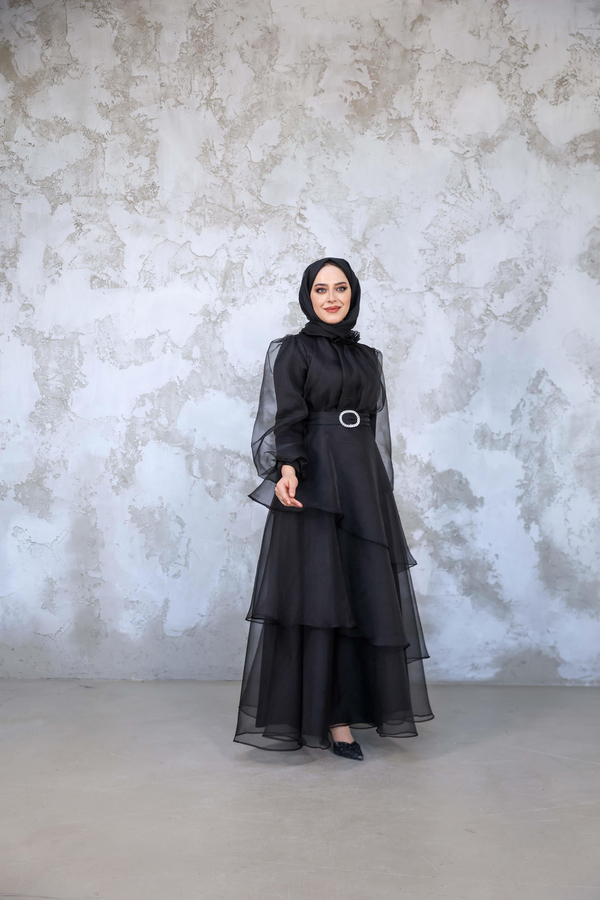 Organze Kat Kat Abiye - Siyah
