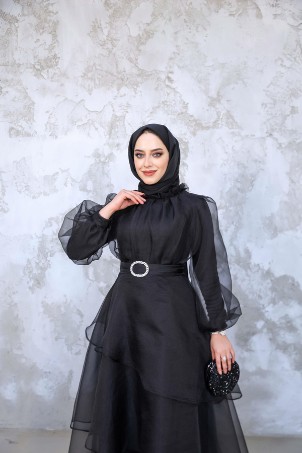 Organze Kat Kat Abiye - Siyah
