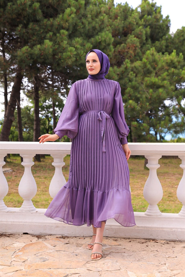 Sleeve Balloon Detailed Pleated Dressy - Lilac