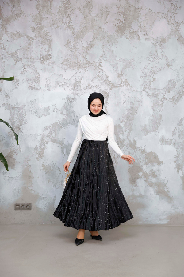 Saten Taşlı Etek - Siyah