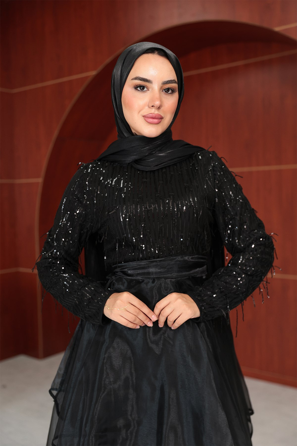Selin Kat Detay Payet Abiye - Siyah