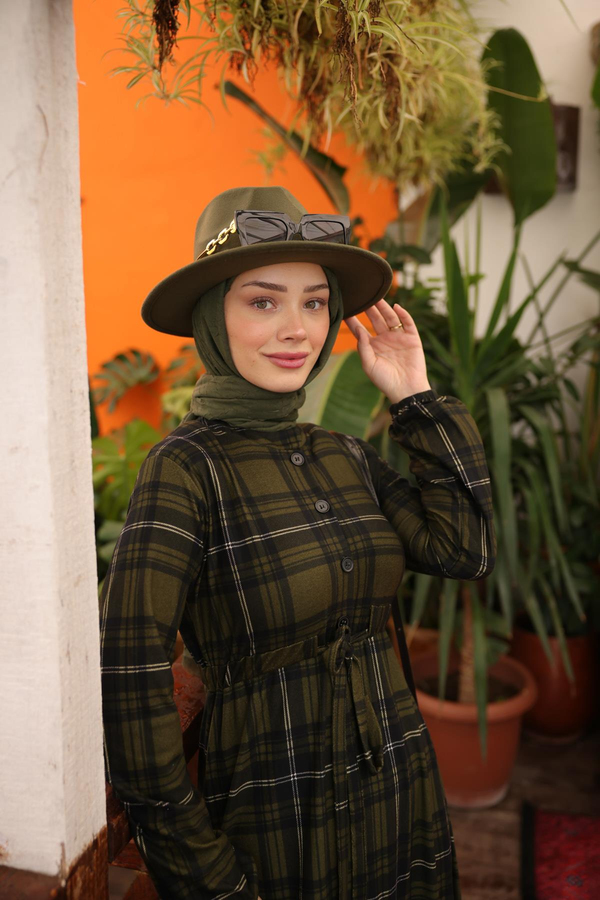 Selis Ekose Desenli Elbise - Haki
