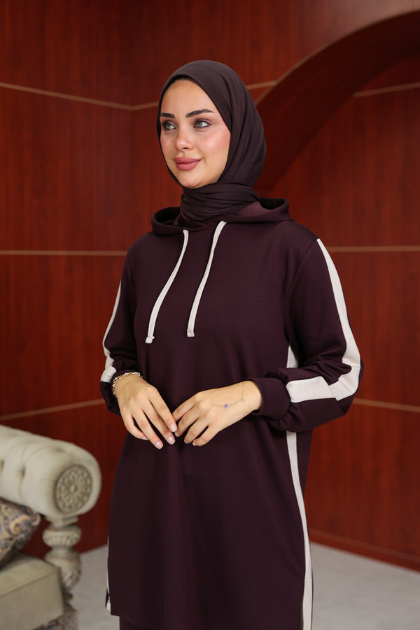Semanur Çizgi  Detay Pantolonlu Takım - Bordo