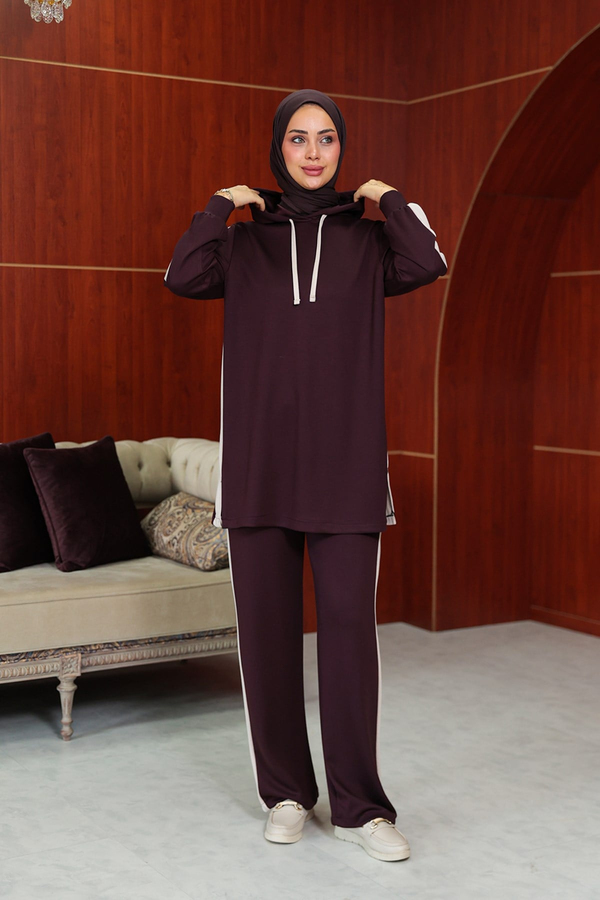 Semanur Çizgi  Detay Pantolonlu Takım - Bordo
