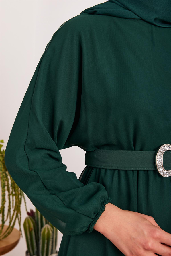 Şifon Kemerli Elbise - Zümrüt Yeşil
