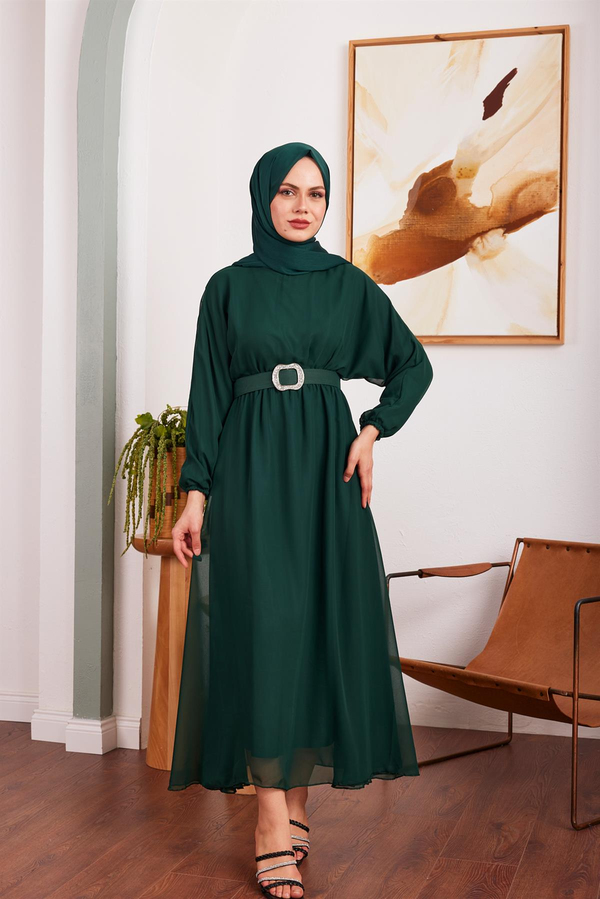 Şifon Kemerli Elbise - Zümrüt Yeşil
