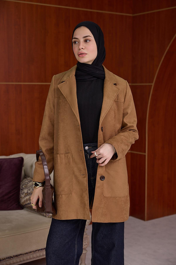 SÜET BLAZER CEKET - Taba