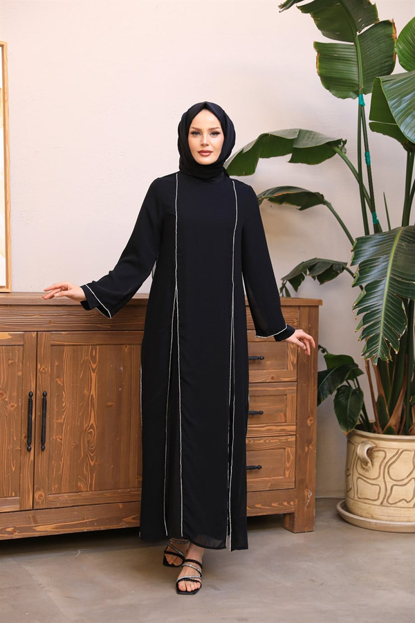 Taş Detay Abaya - Siyah