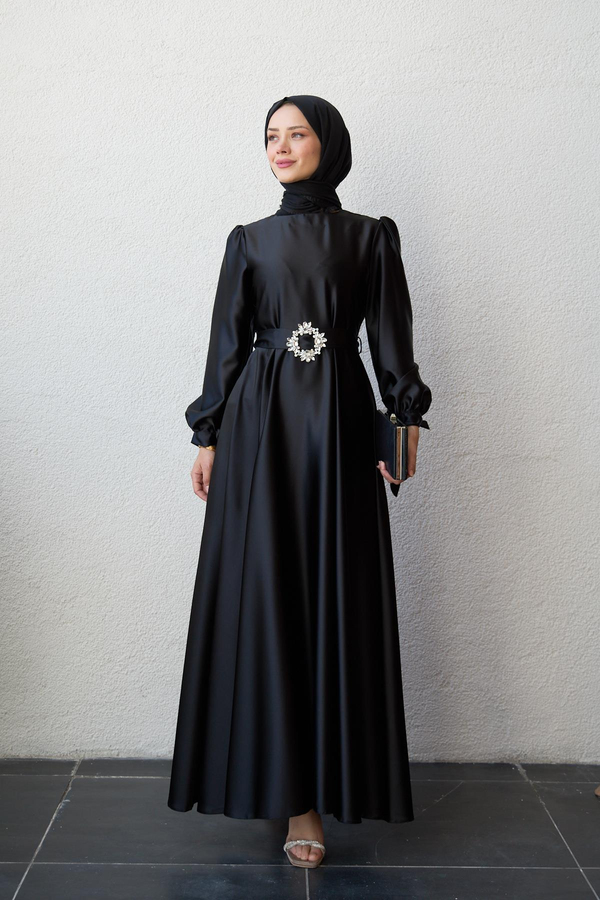 Taş Kemerli Saten Abiye - Siyah