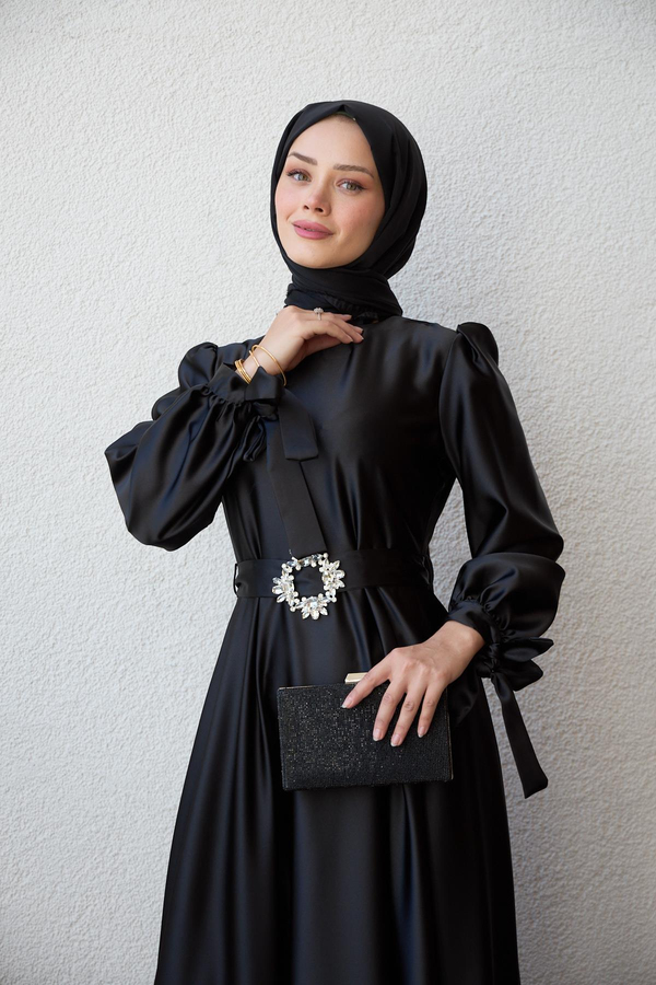 Taş Kemerli Saten Abiye - Siyah