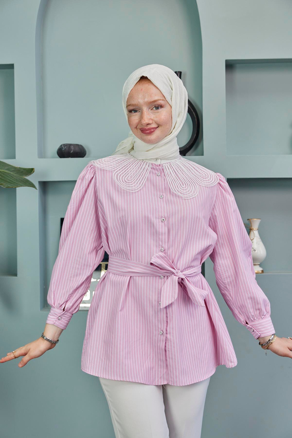 Yaka Detaylı Bel Bağlamalı Gömlek - Pembe