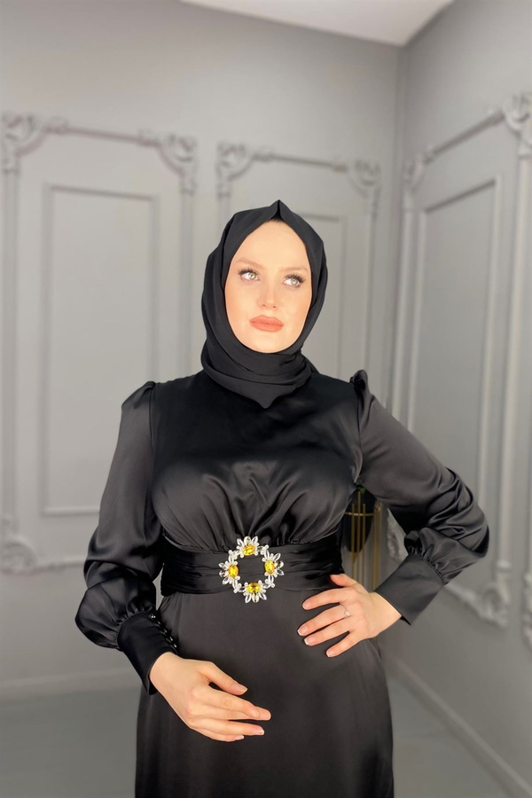 Zarif Saten Elbise - Siyah