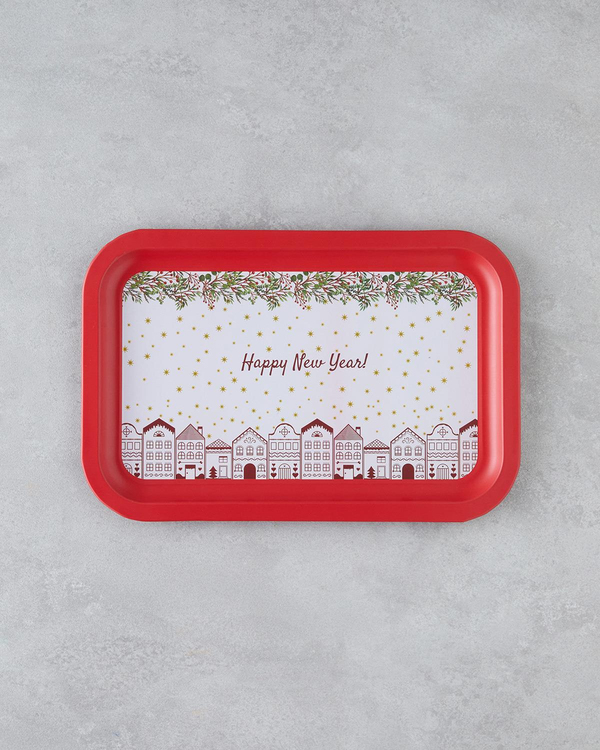 Happy New Year Metal Tepsi 35x23 cm Kırmızı - English Home 4 Al 3 Öde