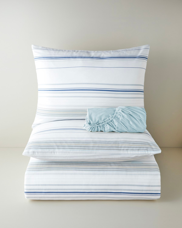Stria Kolay Ütülenir Çift Kişilik Çarşaflı Nevresim Takımı 200x220 cm Mavi - Bej - İkinci Alımda Yarı Fiyatına - 2. Alımda %50 İndirim