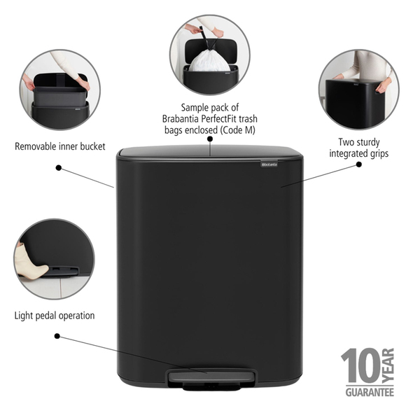 Brabantia Bo Matt Black Pedallı Çöp Kutusu 60 L (Plastik İç Kovalı (BRA 211362)