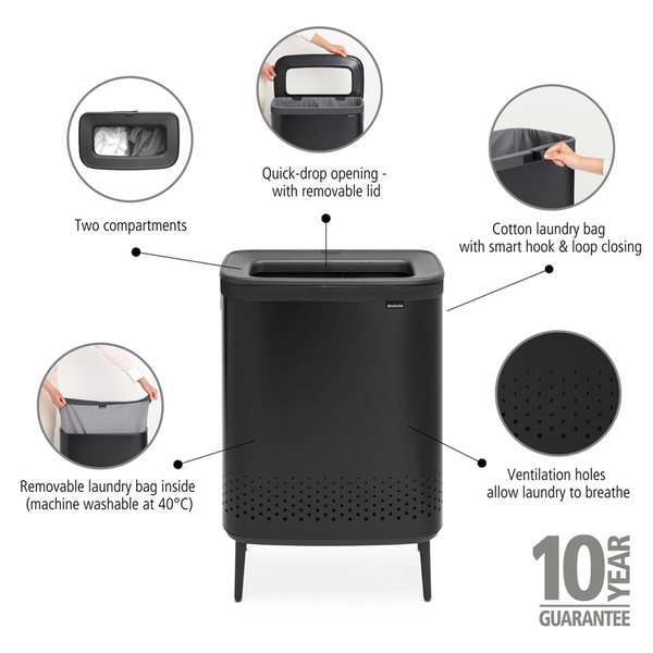 Brabantia Bo Matt Black Plastik Kapaklı Çamaşır Sepeti 2x45 L