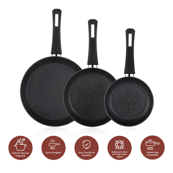 Schafer Black Stone 3 lü Tava Seti 18Cm+22Cm+26Cm-Siyah