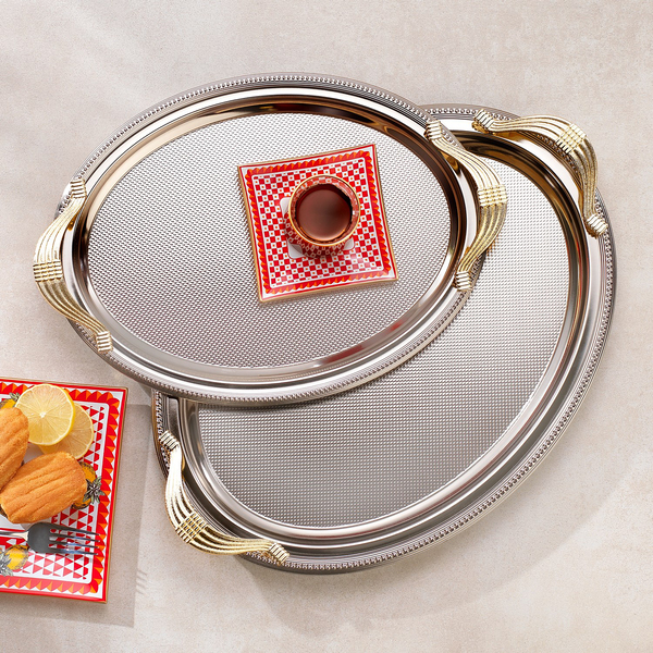 Schafer Ela 2 li Oval Çay Tepsisi-Platin01