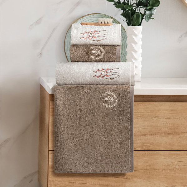 Schafer Home Diana Bambu Nakışlı Banyo Seti 6 Parça-Krem/Bej