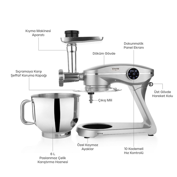 Schafer NeoCast Plus Kıyma Aparatlı Dijital Döküm Stand Mikser-Gümüş