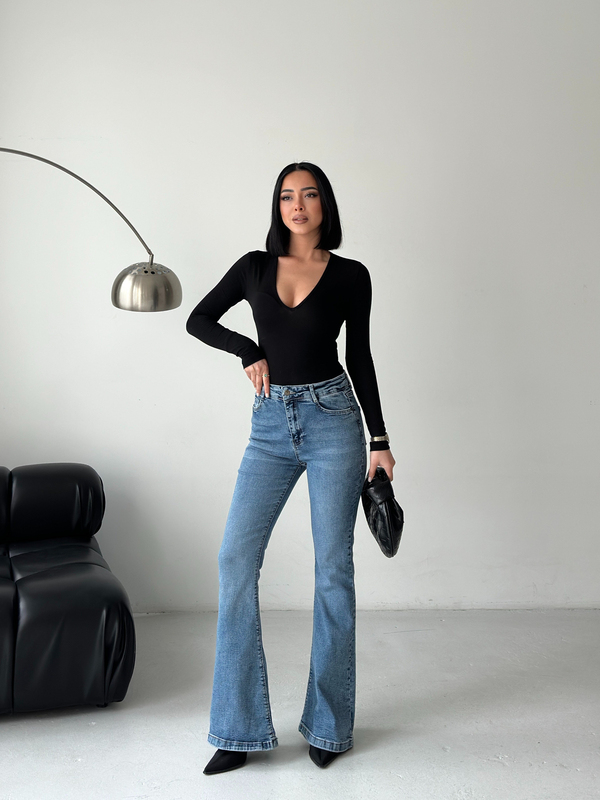 Açık Mavi Yüksek Bel İspanyol Paça Likralı Denim Pantolon 