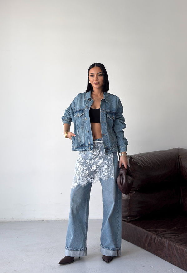 Arkası Baskılı Oversize Kot Denim Ceket Mavi