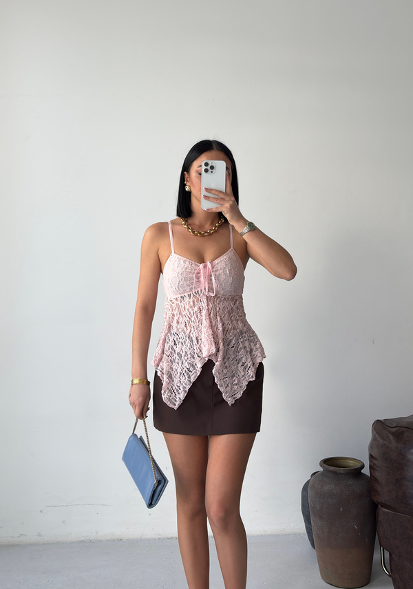Askılı Dantel Pembe Crop