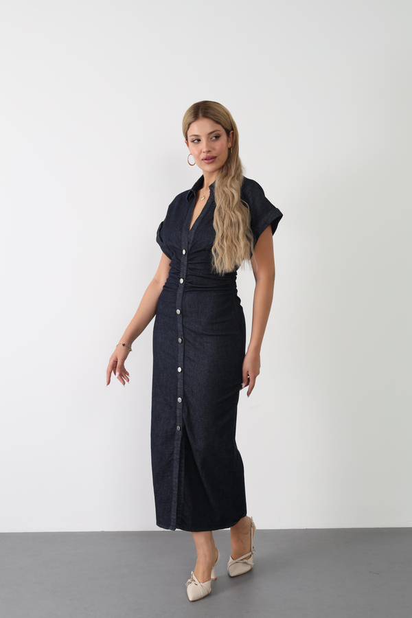 Denim Düşük Kol Drapeli Elbise