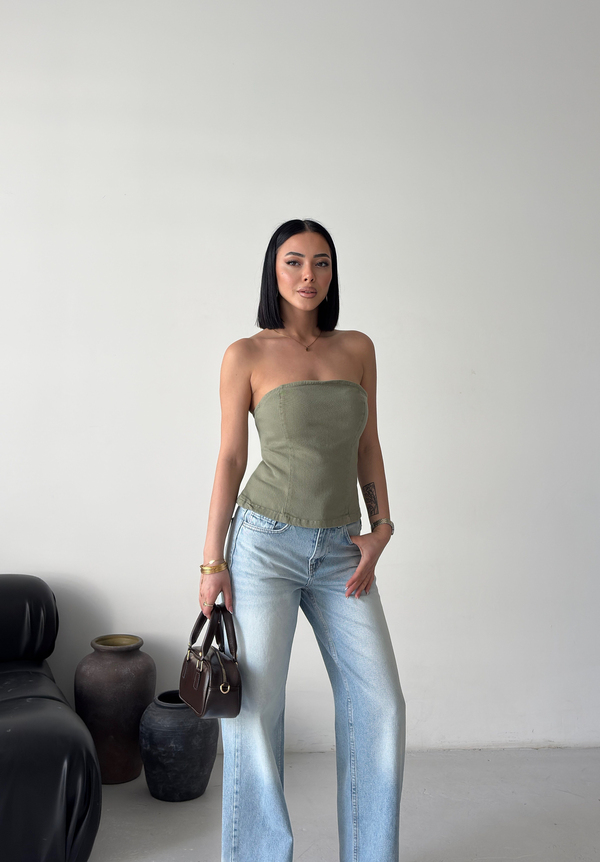 Haki Straplez Peplum Crop