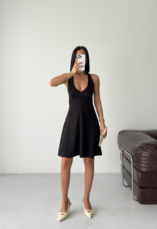 Halter Yaka Denim Mini Siyah Elbise