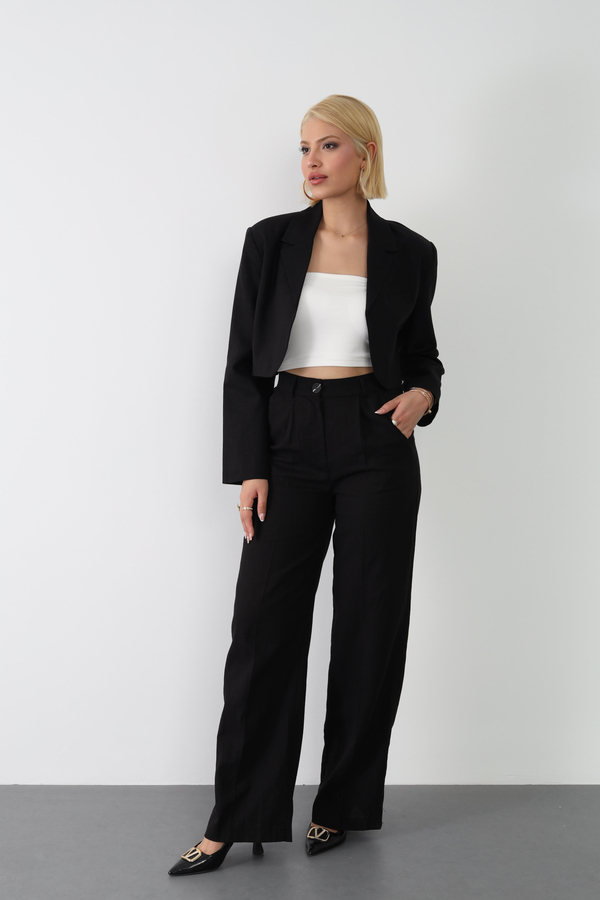 Keten Crop Ceket Pantolon Takım